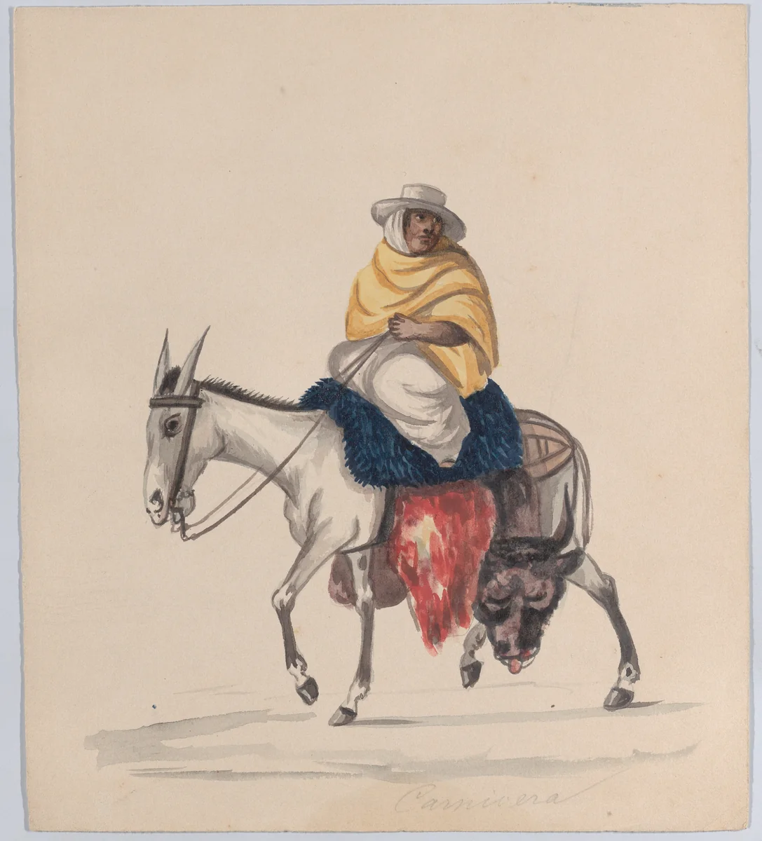 A butcher riding a donkey, from a group of drawings depicting Peruvian dress by Francisco Fierro, drawing, 1843-1853