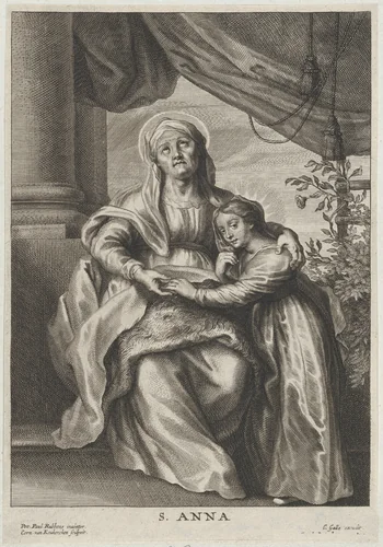 The education of the Virgin, with Saint Anne seated on a bench looking upwards and putting her arm around the Virgin by Cornelis van Caukercken, print, 1640-1678