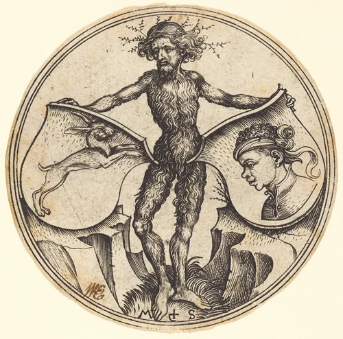 Shields with Rabbit and Moor's Head, Held by Wild Man by Martin Schongauer, print, 1480-1490
