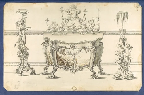 Commode Table and Candlestands, in Chippendale Drawings, Vol. I by Thomas Chippendale, drawing, 1761