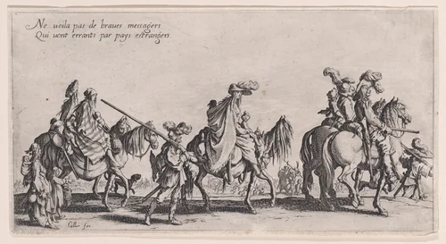 Les Bohémiens en Marche, pièce aussi appelée L'Avant-Garde (The Gypsies Travelling, piece also called The Advance Gard), from "Le Bohémiens, série appelée aussi Les Égyptiens, La Marche des Bohémiens, La Vie Errante des Bohémiens, Les Marches Égyptiennes" (The Gypsies, series also called The Egyptiens, The Gypsy Troops, The Wandering Lives of Gypsies, The Egyptian Troops) by Jacques Callot, print, 1610-1635