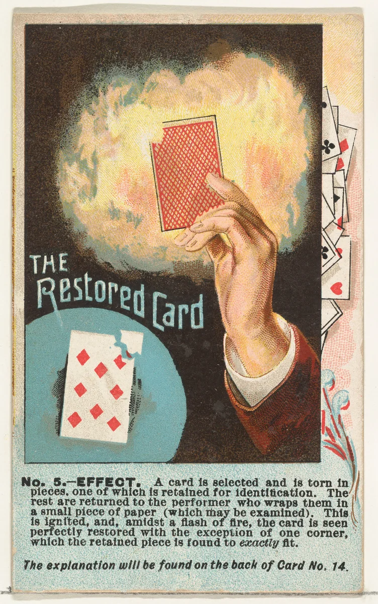 Number 5, The Restored Card, from the Tricks with Cards series (N138) issued by W. Duke, Sons & Co. to promote Honest Long Cut Tobacco by W. Duke, Sons & Co., print, 1887