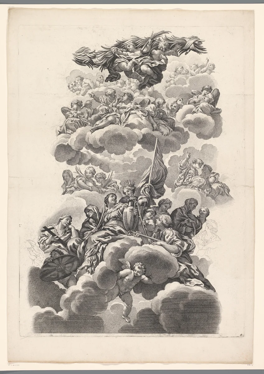 Heiligen rond een urne by Nicolas Dorigny, print, 1690