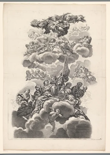 Heiligen rond een urne by Nicolas Dorigny, print, 1690