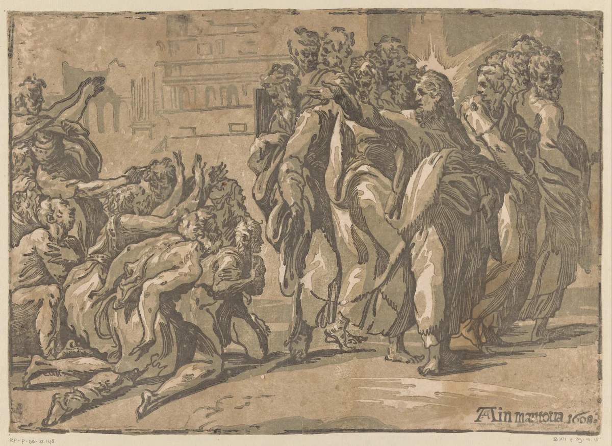 Christus geneest melaatsen by Niccolò Vicentino, print, 1608