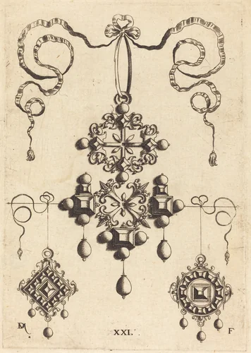 Pendant with Wheel at Centre, Surrounded by Four Table-Stones by Daniel Mignot, print, 1516-1653