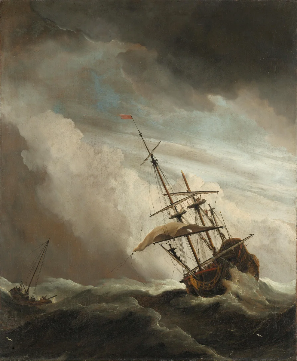 A Ship on the High Seas Caught by a Squall, Known as ‘The Gust’ by Willem van de Velde, painting, 1680