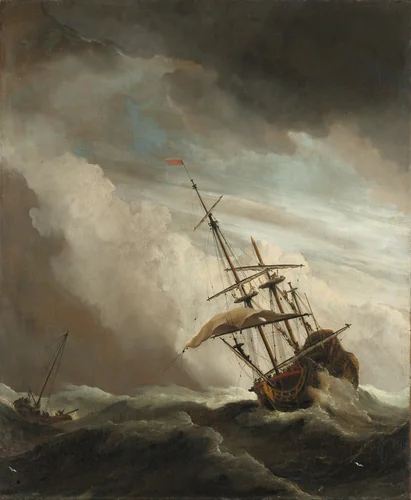 A Ship on the High Seas Caught by a Squall, Known as ‘The Gust’ by Willem van de Velde, painting, 1680