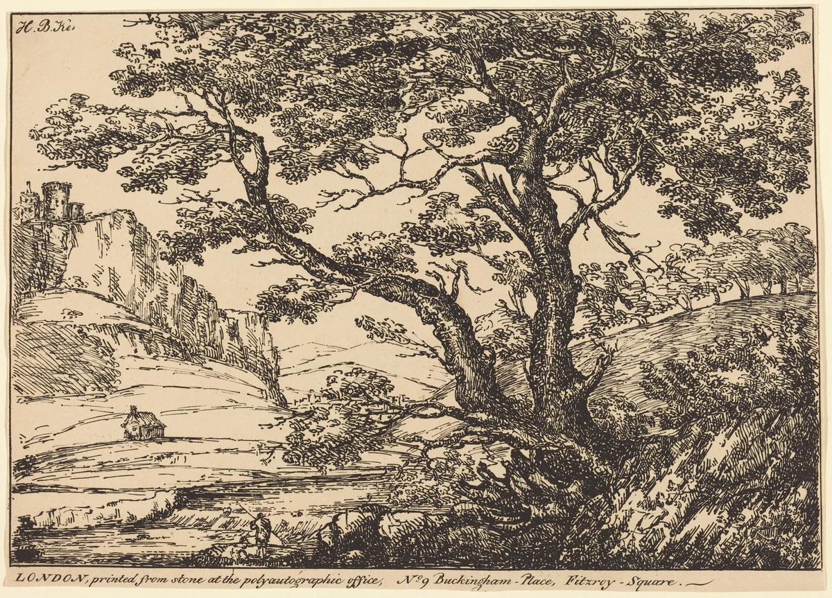 Landscape with Large Tree, Castle on Left by H.B. Ker, print, 1807