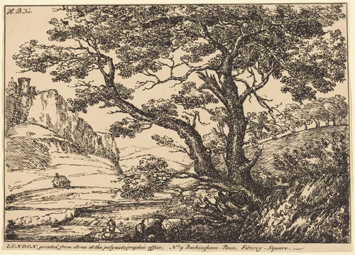Landscape with Large Tree, Castle on Left by H.B. Ker, print, 1807