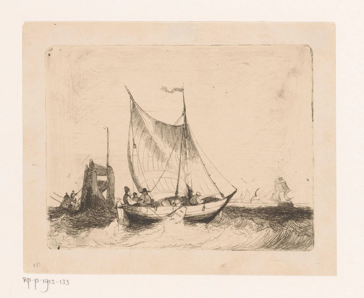 Zeegezicht met zeilboot en baken by Egidius Linnig, print, 1842