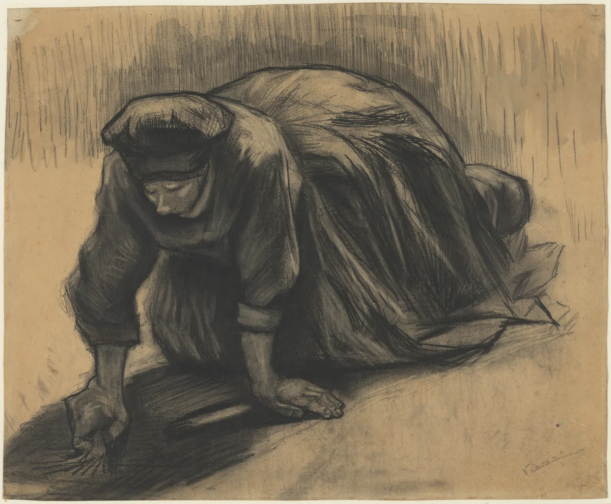 Peasant Woman Kneeling and Pulling Carrots by Vincent van Gogh, drawing, 1885