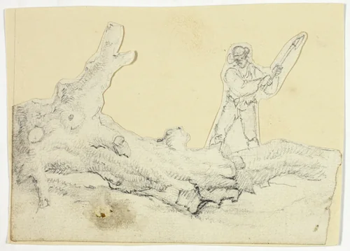 Woodsman Axing Fallen Tree by William Henry Pyne, drawing, 1789-1843