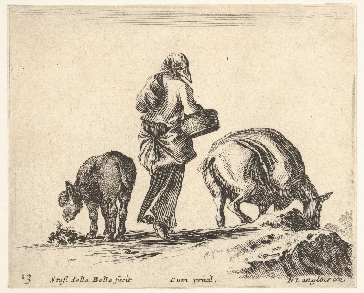 Plate 13: a peasant woman, seen from the back, holding a basket in center, a donkey to left and a horse with a pack on its back to right, from "Diversi Capricci" by Stefano della Bella, print, 1644-1647