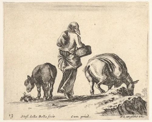 Plate 13: a peasant woman, seen from the back, holding a basket in center, a donkey to left and a horse with a pack on its back to right, from "Diversi Capricci" by Stefano della Bella, print, 1644-1647