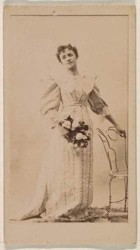 Woman standing with hand on chair, from the Actresses series (N245) issued by Kinney Brothers to promote Sweet Caporal Cigarettes by Kinney Brothers Tobacco Company, photograph, 1890