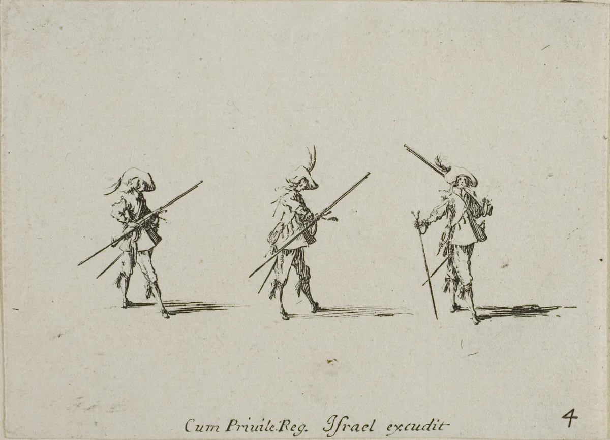 Drill with the Musket, plate four from The Military Exercises by Jacques Callot, print, 1635