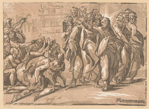 Christus geneest melaatsen by Niccolò Vicentino, print, 1608