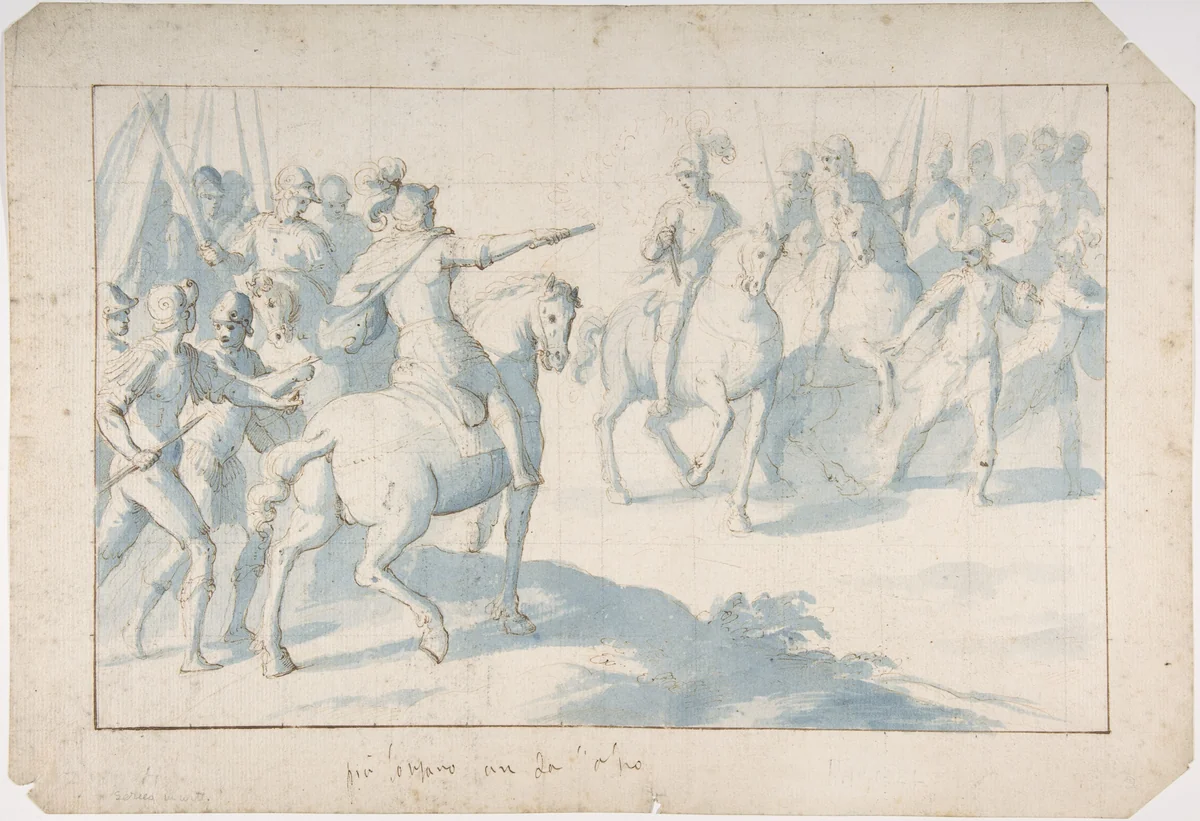 Mounted Warrior with a Baton Giving Orders to His Troops by Belisario Corenzio, drawing, 1590-1646