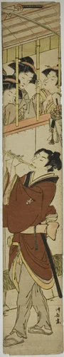 Young Man Playing Flute as Three Girls Watch by Torii Kiyonaga (鳥居清長), print, 1777-1787