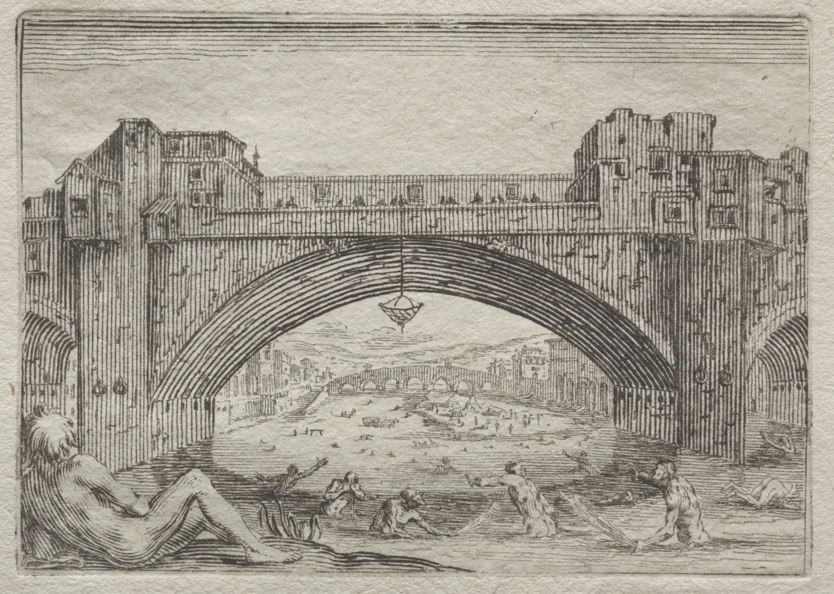 The Ponte Vecchio, Florence by Jacques Callot, print, 1617-1627