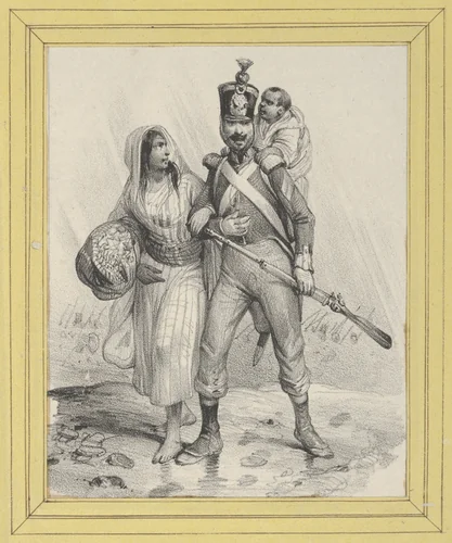 Soldier with a woman on his arm and a child on his back by Victor Adam, print, 1820-1866