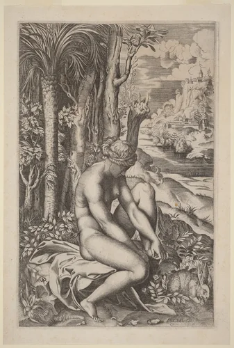 Venus Extracting a Thorn from Her Foot by Marco Dente, print, 1515-1520