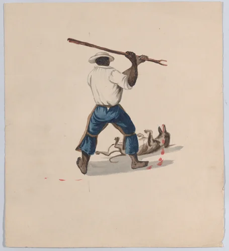 A man viewed from behind beating a dog with a stick, from a group of drawings depicting Peruvian dress by Francisco Fierro, drawing, 1843-1853