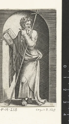 Apostel Filippus met kruis staand in nis by anonymous, print, 1517-1577