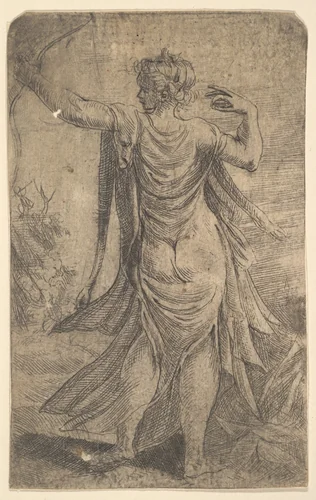 Diana firing her bow viewed from behind by Andrea Schiavone, print, 1533-1543