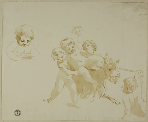 Putti Playing with Goat by Antonio Maria Zanetti, drawing, 1700-1799
