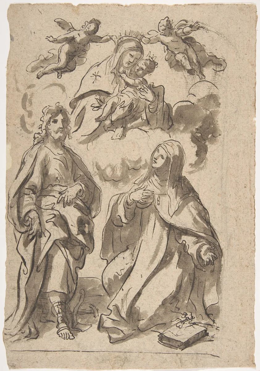 A Male and a Female Saint (Joseph of Aramathea? and Saint Catherine of Siena? Adoring the Virgin and Child in Glory (recto); Minerva Bellona with a Victorious Warrior (verso) by Francesco di Maria, drawing, 1623-1690