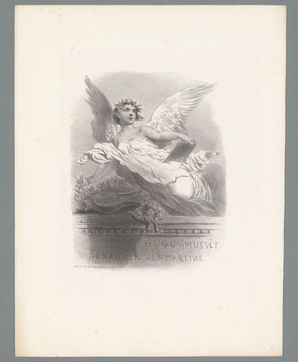 Engel zwevend boven een monument voor Victor Hugo, Alfred de Musset, Pierre-Jean de Béranger en Alphonse de Lamartine by Célestin François Nanteuil, print, 1823-1873