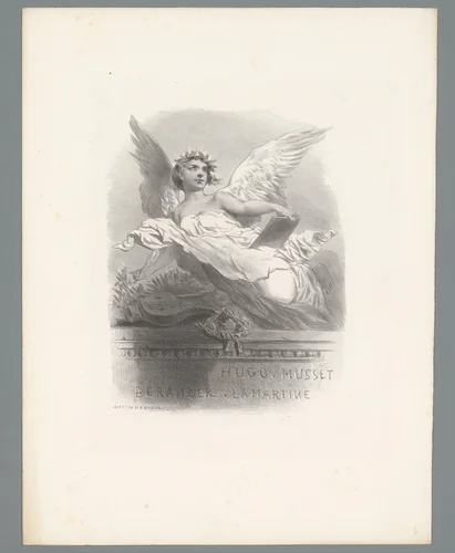 Engel zwevend boven een monument voor Victor Hugo, Alfred de Musset, Pierre-Jean de Béranger en Alphonse de Lamartine by Célestin François Nanteuil, print, 1823-1873