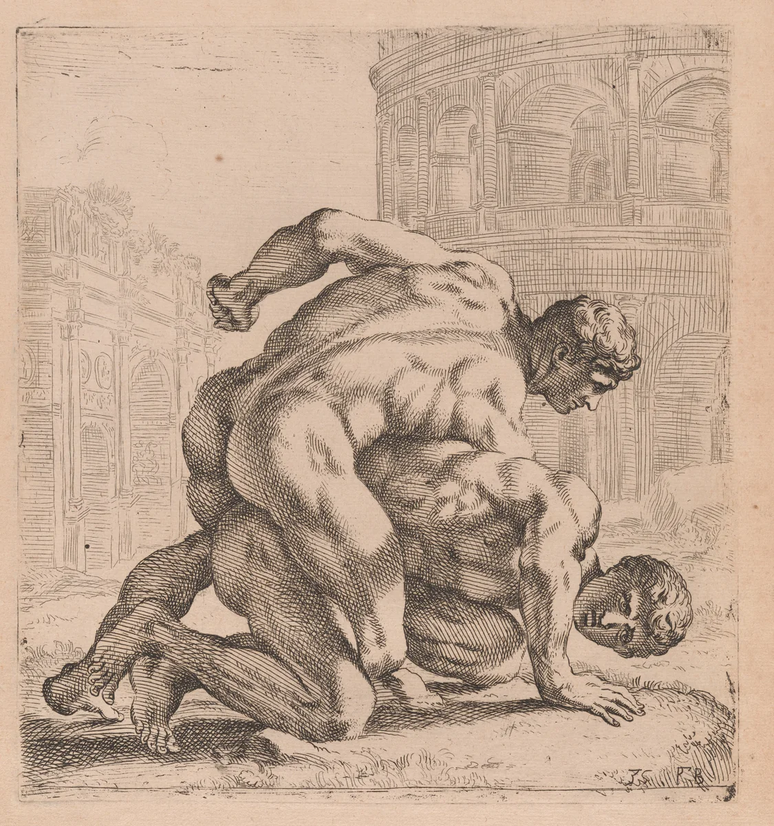 The Medici Wrestlers, side view, turned to right [plate 35] by François Perrier, print, 1638