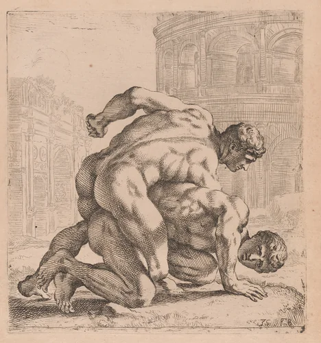 The Medici Wrestlers, side view, turned to right [plate 35] by François Perrier, print, 1638