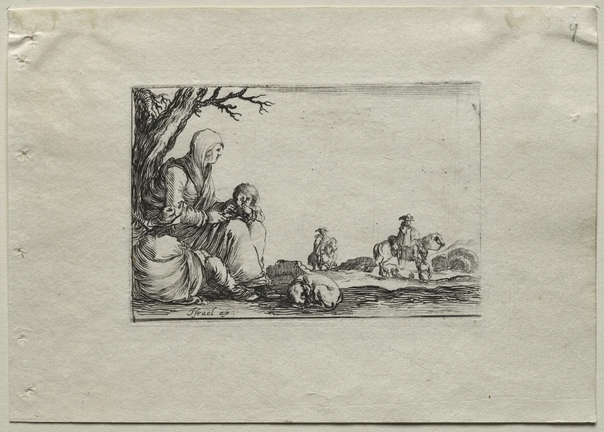 Caprices: Seated Beggar Woman with Two Children by Stefano della Bella, print, 1637-1647
