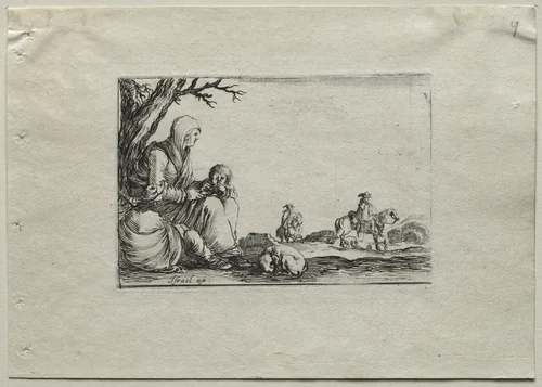 Caprices: Seated Beggar Woman with Two Children by Stefano della Bella, print, 1637-1647