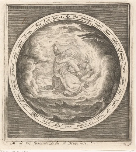 Eerste dag van schepping: God schept hemel en aarde by Unknown, print, 1581-1656