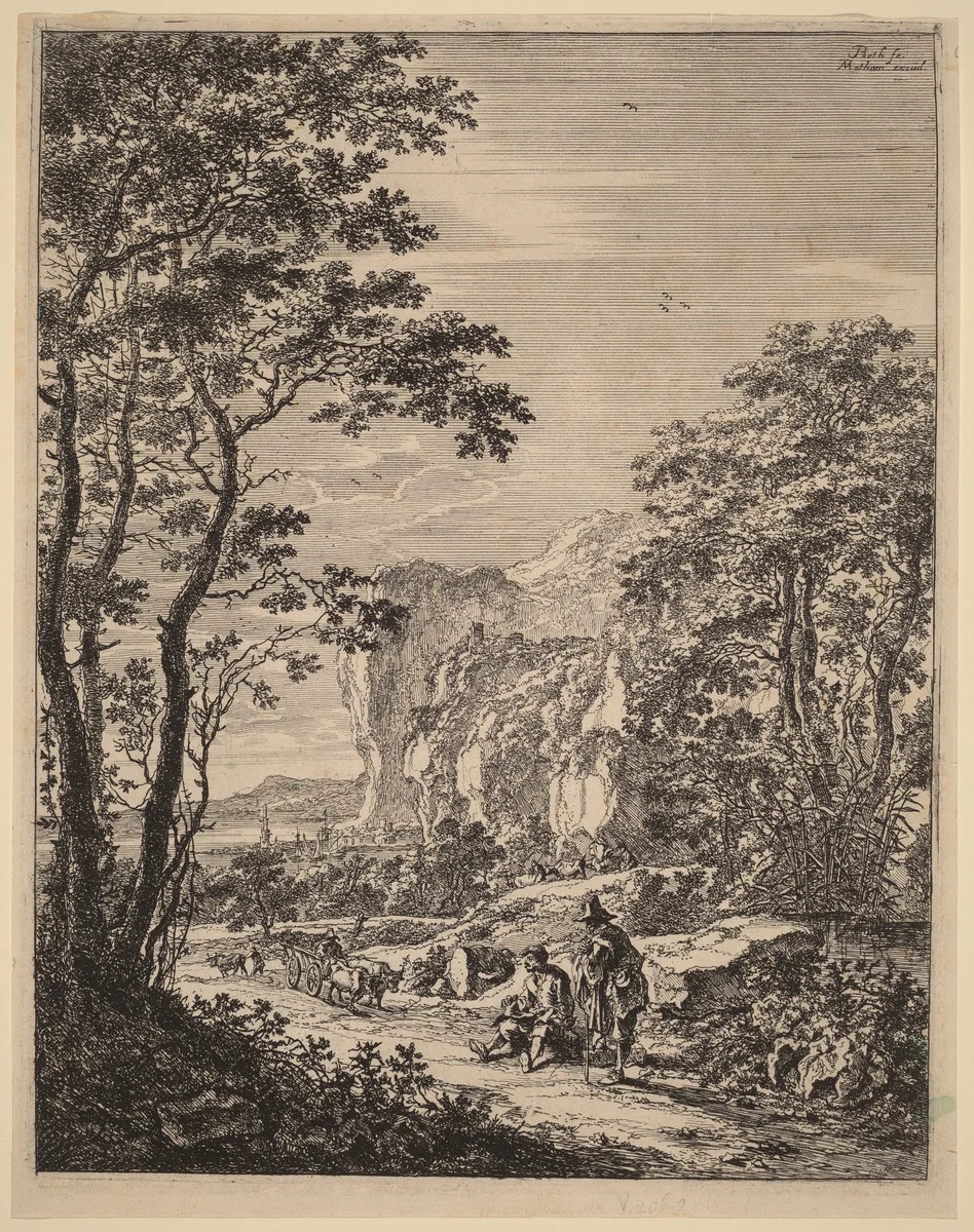 The Ox-Cart: View between Ancona and Sinigaglia by Jan Both; Theodor Matham, print, 1615-1652
