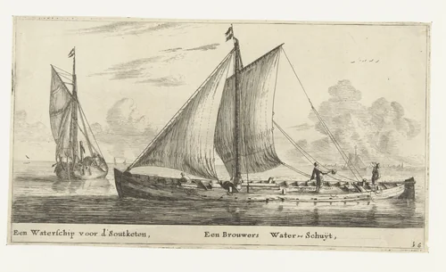 Twee schepen: een waterschip en een waterschuit by Reinier Nooms, print, 1652-1654