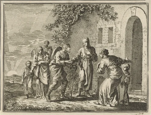 Vreemdelingen herbergen by Jan Luyken, print, 1712