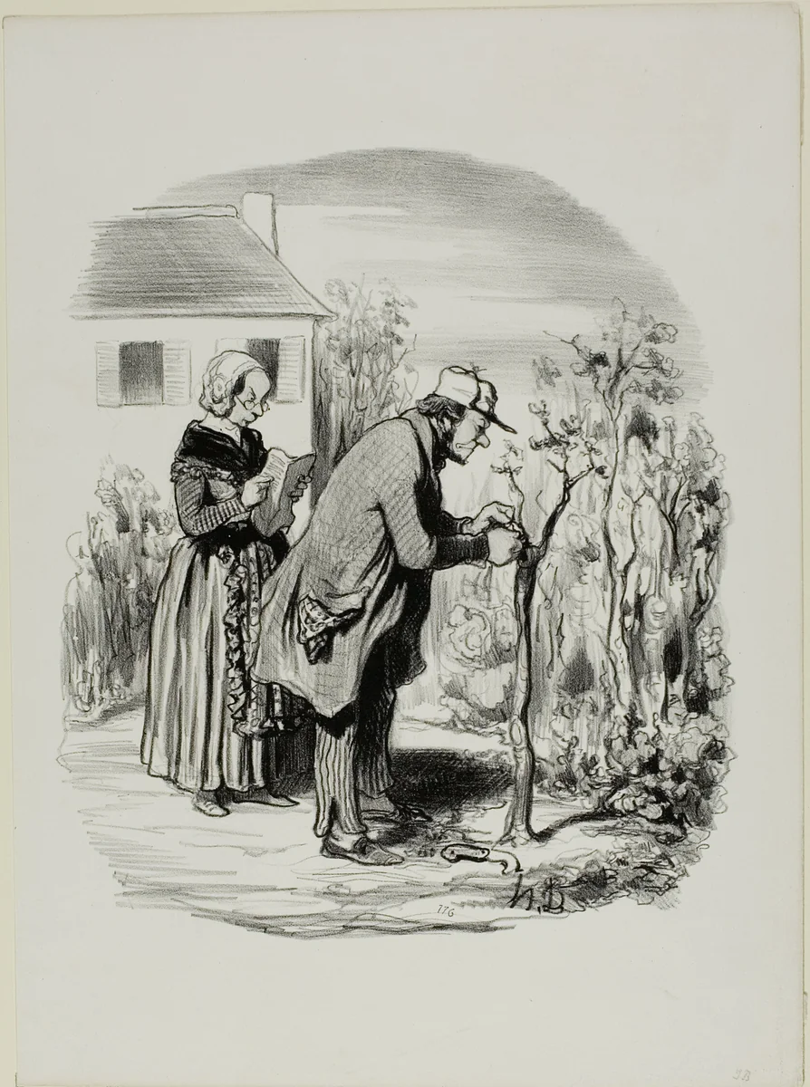 “- My graft of a cherry slip on an apricot tree really didn't take.... strange, ... after all, I followed exactly the instructions in the 'Manual of Useful Knowledge,'” plate 7 from Pastorales by Honoré-Victorin Daumier, print, 1845