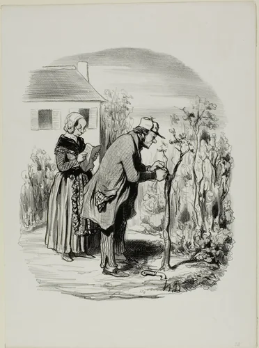 “- My graft of a cherry slip on an apricot tree really didn't take.... strange, ... after all, I followed exactly the instructions in the 'Manual of Useful Knowledge,'” plate 7 from Pastorales by Honoré-Victorin Daumier, print, 1845
