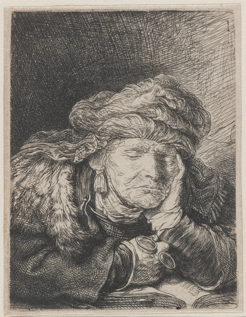 Old woman sleeping by Rembrandt van Rijn, print, 1636