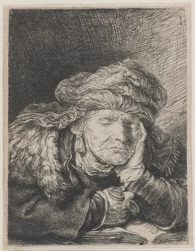 Old woman sleeping by Rembrandt van Rijn, print, 1636