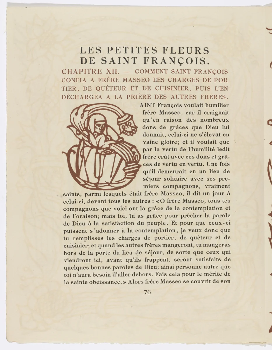 Pictorial initial (page 76) from Les Petites Fleurs de St. François (The Little Flowers of St. Francis) by Émile Bernard, illustrated book, 1928