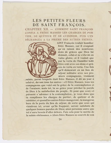 Pictorial initial (page 76) from Les Petites Fleurs de St. François (The Little Flowers of St. Francis) by Émile Bernard, illustrated book, 1928