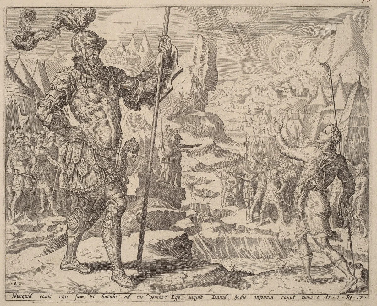 David Meeting Goliath by Maerten van Heemskerck, print, 1556