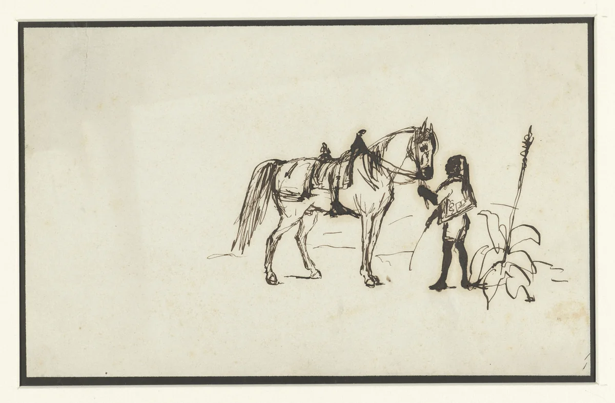 Zwarte man in feestkostuum houdt een paard vast by anonymous, drawing, 1800-1900